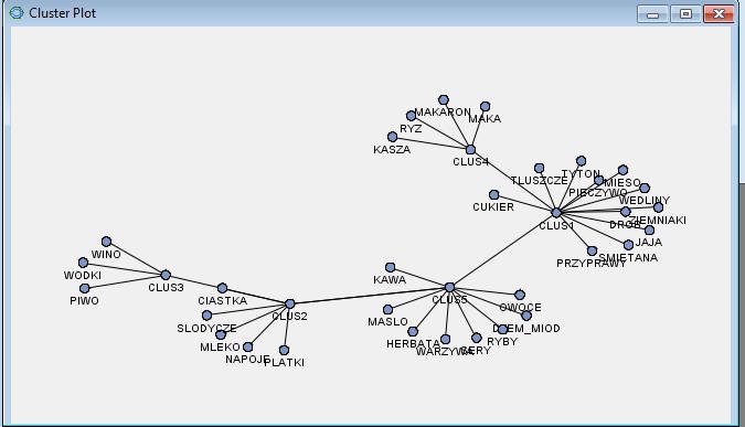 Variable Clusters - wyniki Zmienne w skupieniach i hierarchię skupień można zobaczyć na mapie skupień (Cluster Plot) Widoczne są dwa ugrupowania