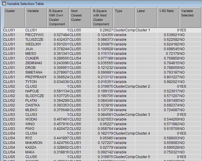 Variable Clusters - wyniki Tablica Variable