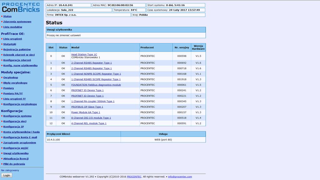 Status systemu Status wyświetla podstawowe informacje o systemie