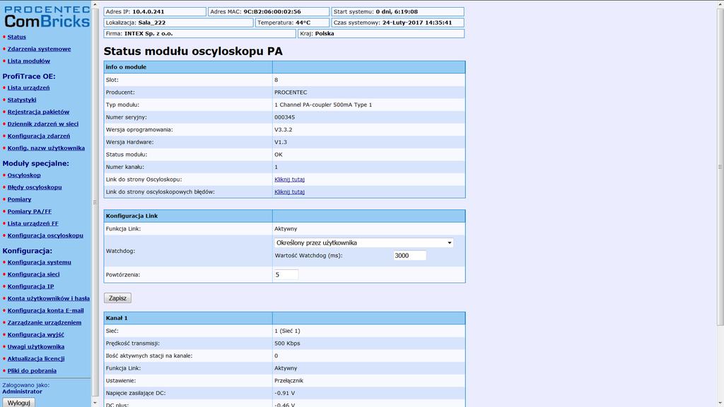 Status modułu PROFIBUS PA Interfejs PROFIBUS PA pracujący w trybie łącznika segmentów udostępnia użytkownikowi informację o napięciu zasilającym urządzenia oraz prądzie pobieranym przez urządzenia