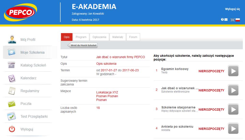 Po prawej stronie przy każdym szkoleniu dostępne są dwa przyciski WYPISZ i URUCHOM.