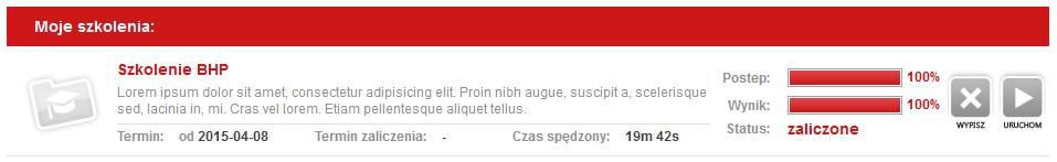 Zakończony - zakończyłeś sukcesem pracę z tym modułem Po zaliczeniu wszystkich wymaganych elementów, całe szkolenie zostaje zaliczone i może pojawić się dodatkowy przycisk umożliwiający wygenerowanie