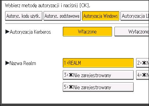 Autoryzacja Windows 8. Wybierz segment realm autoryzacji Kerberos i przejdź do kroku 10. Aby włączyć autoryzację Kerberos, należy wcześniej zarejestrować segment realm.