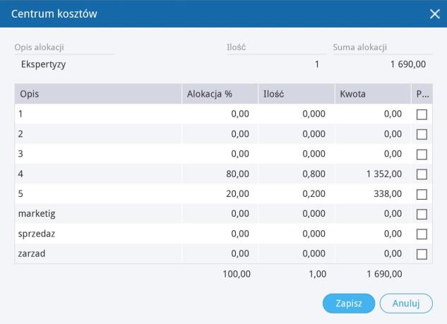 Koszty w centrum kosztów powinny być rozdzielone w pełnej wartości - wykonaj pełen podział kwoty z faktury, tak jak na powyższym obrazie.