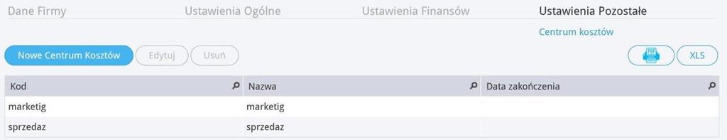 Data zakończenia wskaż datę, po której nie będziesz księgować żadnych dodatkowych kosztów związanych z tym centrum kosztowym. To pole również może zostać puste.