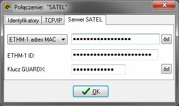 SATEL ETHM-1 Plus 31 Klucz GUARDX ciąg do 12 znaków alfanumerycznych (cyfry, litery i znaki specjalne), który służy do kodowania danych podczas komunikacji między centralą a komputerem z programem