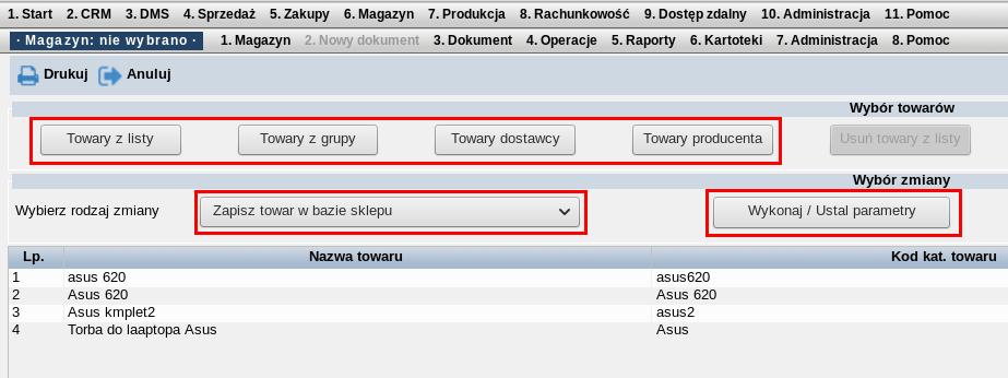 Towary producenta wybrane zostaną towary wskazanego producenta Ostatnie dwie opcje wymagają zdefiniowanych na kartotece powiązań towaru z producentem/dostawcą.