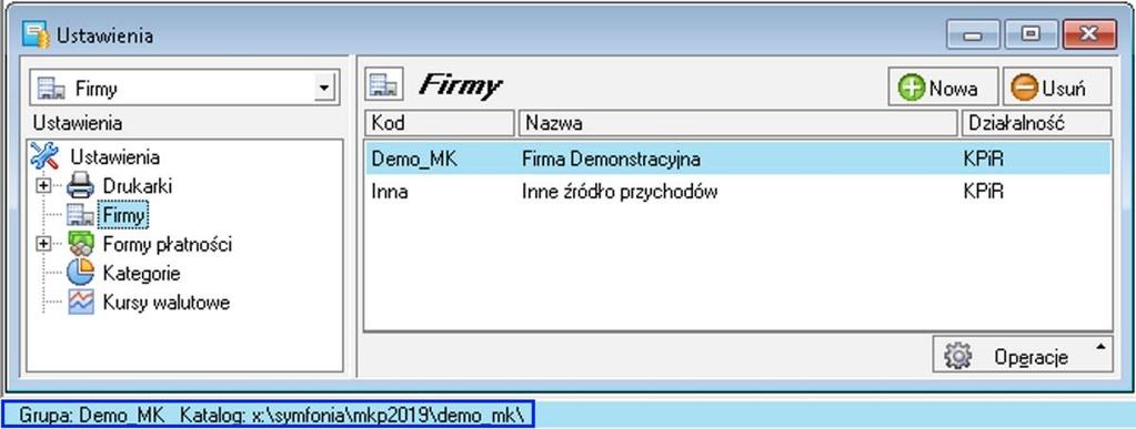 W programie wybieramy Ustawienia -> Firmy, po prawej stronie wybieramy firm. W lewym dolnym rogu programu poka e si cie ka do katalogu z baz.