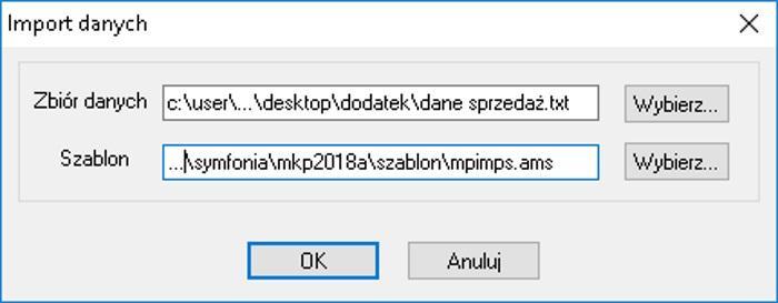 W 'Zbiór danych' wybieramy wygenerowany plik (format *.txt), a w 'Szablon' plik MPIMPS.