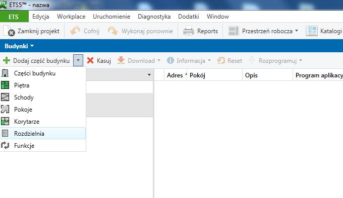 Rysunek nr 4. ETS5 Dodawanie elementów budynku tu: Rozdzielnia. PRZECZYTAJ UWAŻNIE RAMKĘ!!! UWAGA: W sieciach KNX integrator ZAWSZE nadaje adresy fizyczne i grupowe urządzeń.