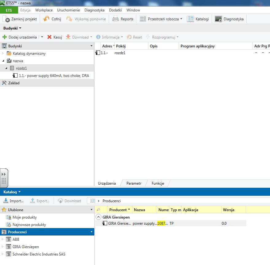 Rysunek nr 5. ETS5 Dodawanie urządzeń do projektu b) Pierwszy dodać zasilacz wg nr katalogowego 1087 rozpocznie on linię 1.1. (rys. 5).