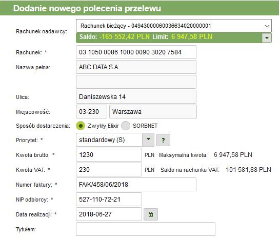 Taki przelew obciąży rachunek bieżący nadawcy na kwotę 1230.00 zł, ale jednocześnie bank przeksięguje 230.