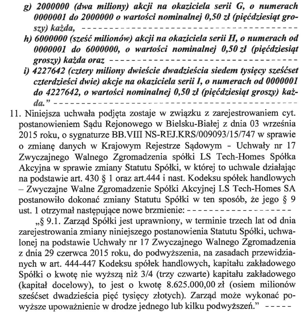 Podwyższenie kapitału zakładowego zostało zarejestrowane Postanowieniem Sądu Rejonowego w Bielsku-Białej, Wydział VIII Gospodarczy KRS, z dnia 03 grudnia 2015 r.