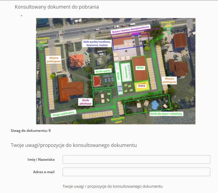 V. Konsultacje wypracowanych rozwiązań / głosowanie mieszkańców Konsultacje wstępnego projektu zagospodarowania placu handloworekreacyjnego w