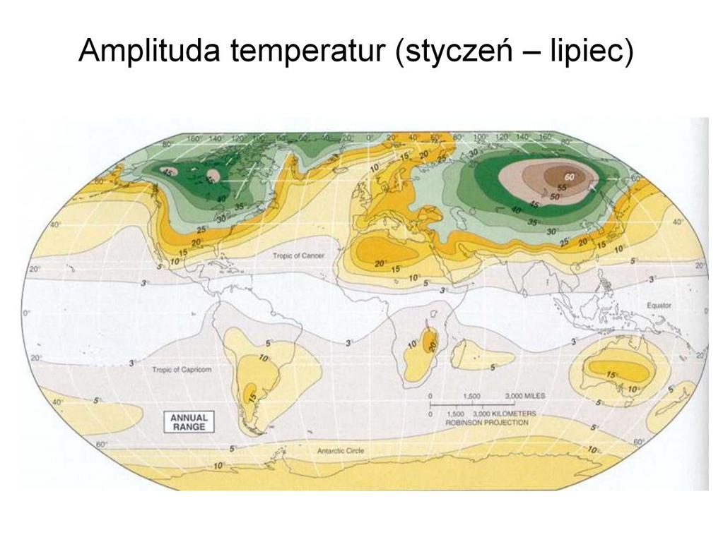 Im dalej od oceanu znajduje się dany obszar na lądzie, tym mniej dociera tam wilgoci, wyparowanej z oceanu, i tym mniejszy wpływ na