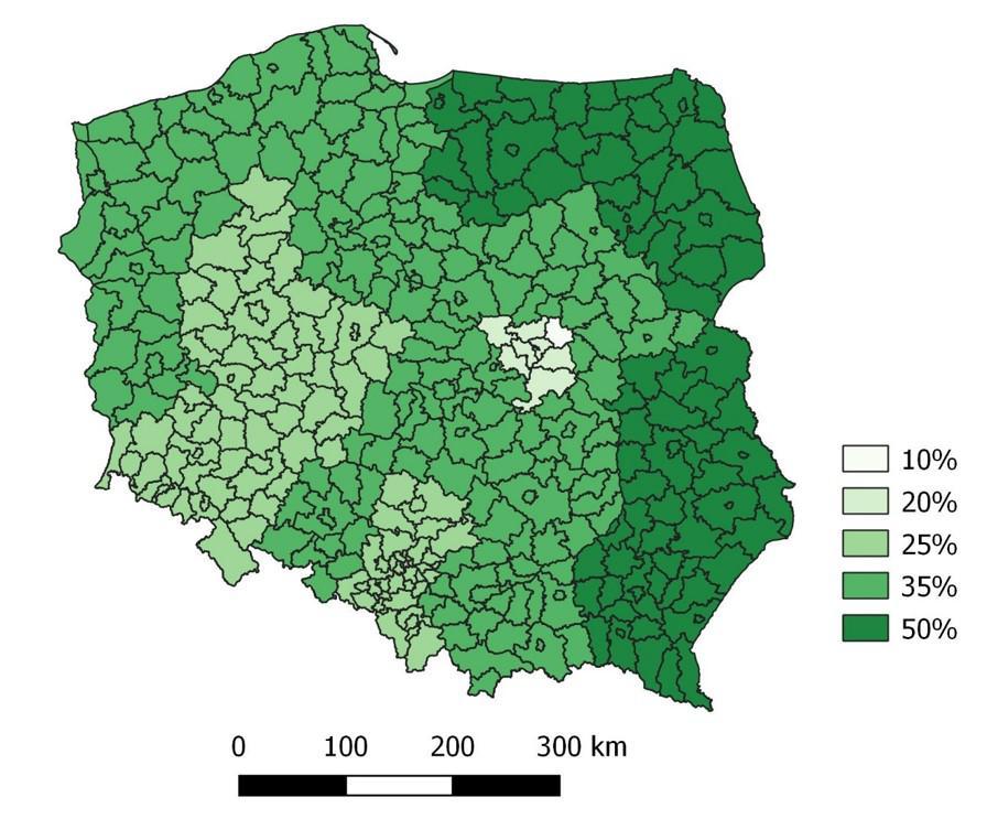 Najwyższe wsparcie można uzyskać w województwach wschodnich Wykres 2. Maksymalna wysokość pomocy, jako % kosztów inwestycyjnych.