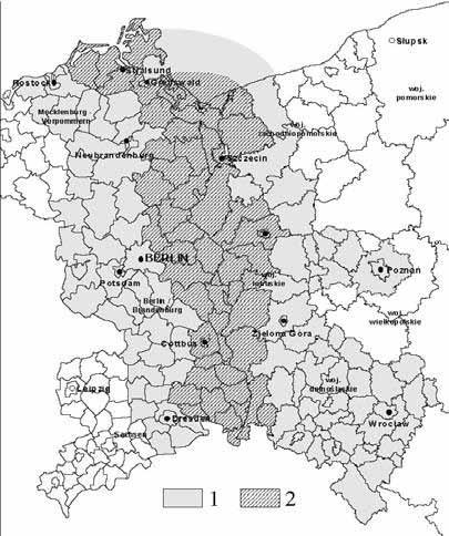 Studium integracji przestrzennej polskiej części pogranicza Polski i Niemiec (IPPON) Głównymi jednostkami struktury przestrzennej miały być pasma rozwojowe sieci miast Polski Zachodniej i miejskie