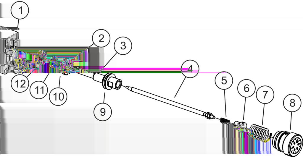 Automatyczny aparat natryskowy Mikro 3 POLSKI Montaż iglicy materiału Rys. 9: Montaż iglicy materiału 1. W razie potrzeby nakręcić nakrętki iglicy ( Rys. 9/2) na iglicę materiału ( Rys. 9/1). Rys. 10: Montaż iglicy materiału 2.