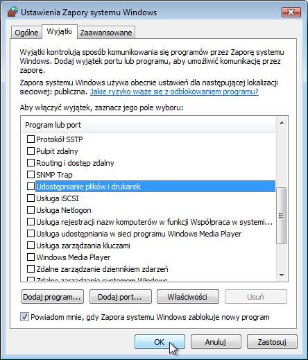 Krok 5 Z komputera 1: Aby wyłączyć wyjątek, usuń zaznaczenie z Udostępnianie plików i drukarek> OK.