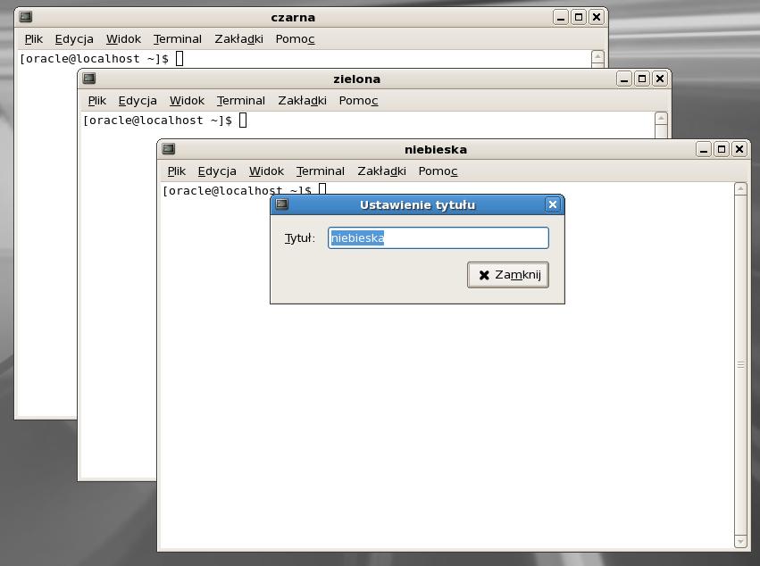prowadzonych w tych terminalach nazwiemy je, odpowiednio: czarna, zielona i niebieska. Aby zmienić nazwę terminala wybierz jego menu głównego pozycję Terminal, a następnie Ustaw tytuł. 2.