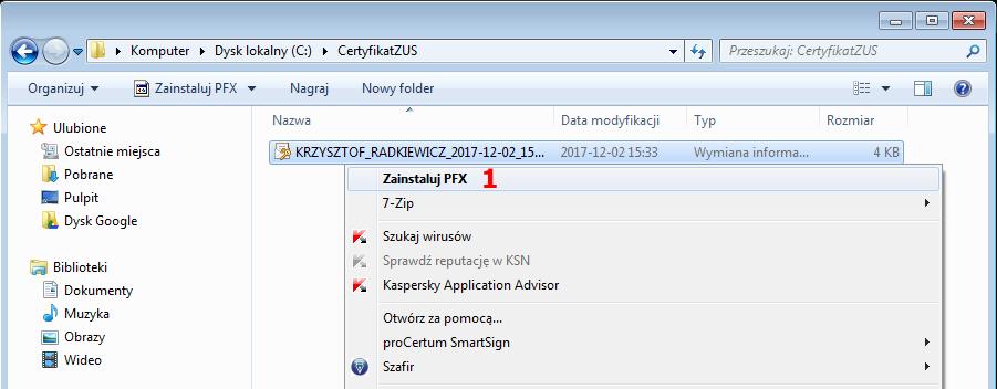 2 Sposoby wykorzystania certyfikatu ZUS 2.2.1 Rejestracja w Magazynie certyfikatów osobistych systemu Windows Zaletą tego rozwiązania jest brak konieczności wskazywania certyfikatu