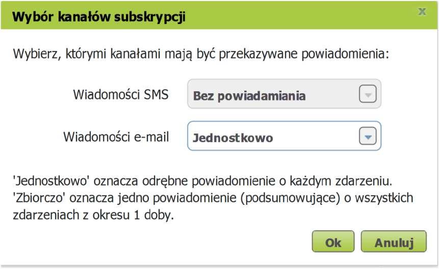 15 Ustawienia subskrypcji W oknie Wybór kanałów subskrypcji należy wybrać z listy sposób subskrypcji przy odpowiednim kanale powiadamiania.