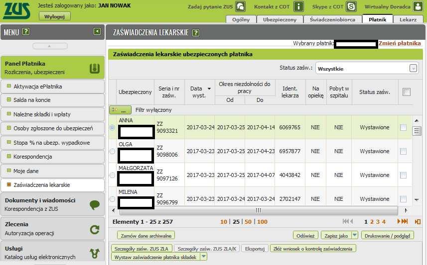 30 Praca z danymi W Panelu Płatnika, w zakładce Zaświadczenia lekarskie widoczne są dane ze zwolnień lekarskich, po ich przetworzeniu w ZUS.