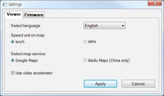 1 2 3 4 1 Wybór języka w jakim będzie obsługiwany BlackVue Viewer. 3 Wybór serwisu udostępniającego mapy 2 Wybór jednostek prędkości wyświetlanej na mapie.