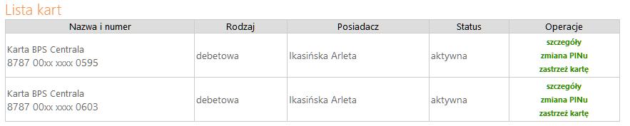 KARTY KARTY Lista kart - wyświetla listę kart wydanych do rachunków klienta w Banku. W tabeli znajdują się następujące informacje: nazwa i numer karty, rodzaj karty (np.