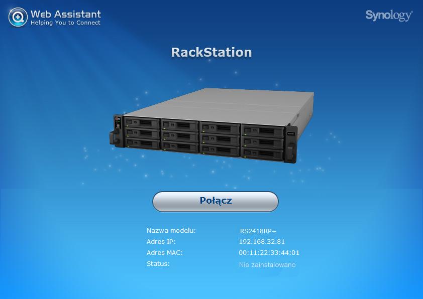 Rozdział 3 Instalacja oprogramowania DSM na serwerze RackStation Po zakończeniu instalowania sprzętu zainstaluj na serwerze RackStation oprogramowanie DiskStation Manager (DSM) system operacyjny