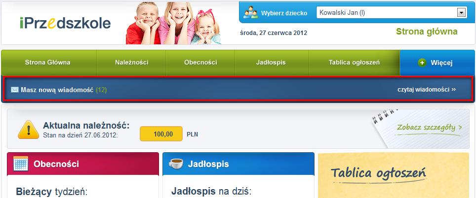 W przypadku otrzymania od pracownika przedszkola lub innego rodzica wiadomości, na stronie głównej Panelu pojawi się pasek z informacją Masz nową wiadomość z możliwością jej odczytania za pomocą