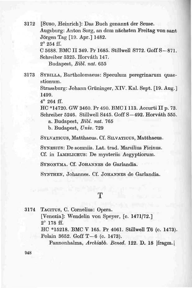 3172 [Suso, Heinrich]: Das Buch genannt der Seuse. Augsburg: Anton Sorg, an dem náchbten Freitag von sant JörgenTag [19. Apr.] 1482. 2 254 ff. C 5688. BMC II 349. Pr 1685. Stillwell S772. Goff S 871.