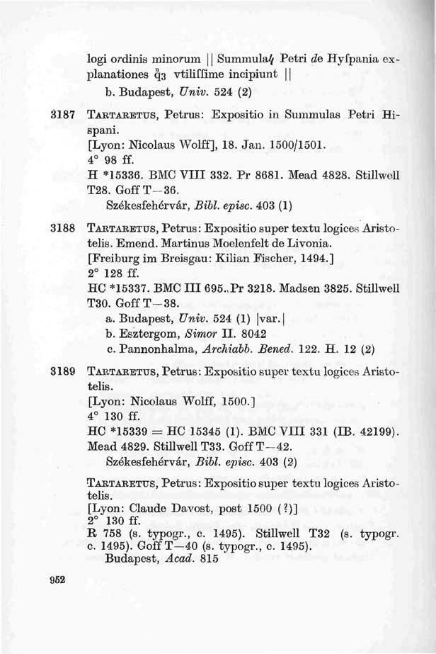 logi ordinis minorum 11 Summula^ Petri de Hyfpania explanationes c 3 vtiliffime incipiunt b. Budapest, Univ. 524 (2) 3187 TABTABETUS, Petrus: Expositio in Summulas Petri Hispani.