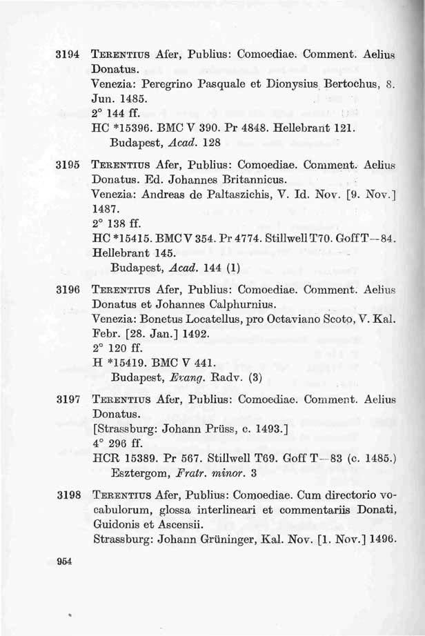 3194 TERENTIUS Afer, Publius: Comoediae. Comment. Aelius Donatus. Venezia: Peregrino Pasquale et Dionysius Bertochus, 8. Jun. 1485. 2 144 ff. :; HC *15396. BMC V 390. Pr 4848. Hellebrant 121.
