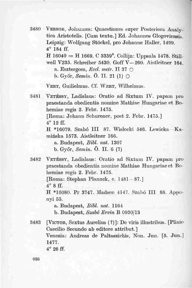 3480 VERSOR, Johannes: Quaestiones super Posteriora Analytica Aristotelis. [Cum textu.] Ed. Johannes Glogoviensis. Leipzig: Wolfgang Stöckel, pro Joharme Haller, 1499. 4 184 ff. H 16040 = H 1669.