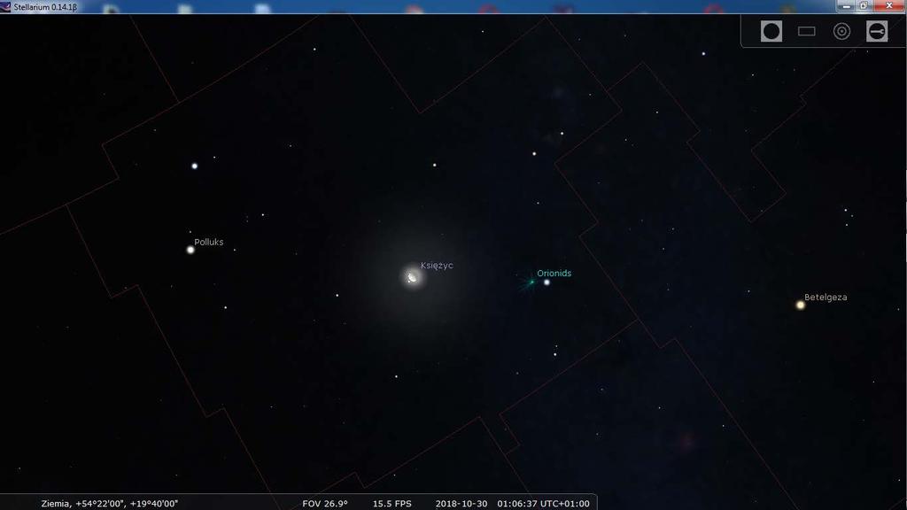Po lewej stronie Księżyca widoczny jest jasny punkt - to gwiazda ζ Gem, za chwilę nastąpi jej zakrycie przez Księżyc (źródło: Stellarium) Do tej obserwacji przydałaby się luneta (teleskop), o