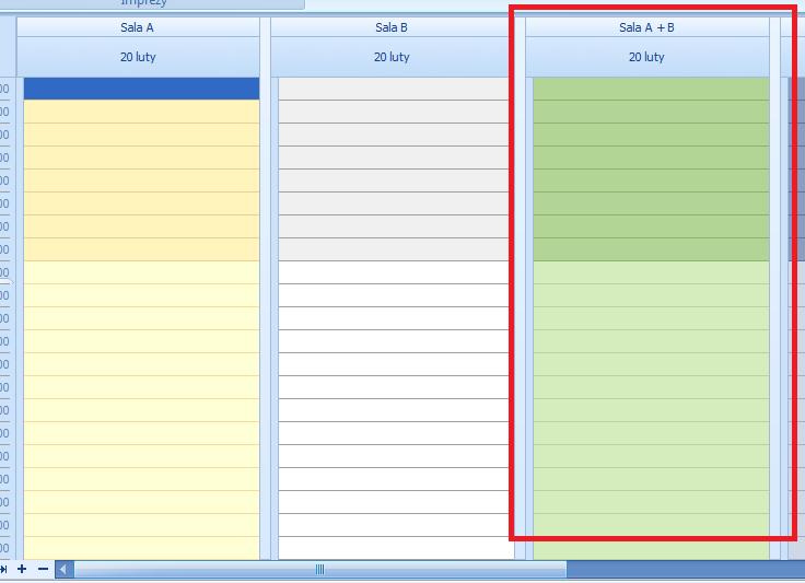 Sale łączone na grafiku Na salach łączonych zobaczymy wszystkie punkty agendy odbywające się tylko na sali łączonej i na każdej sali wchodzącej w skład sali łączonej.