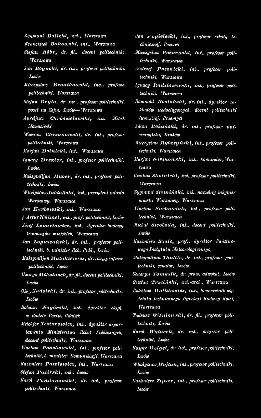 politechniki, Józef L e n a r to w ic z, inż., dyrektor budowy łramwajóto miejskich, Jan Ł o p u s z a ń s k i, dr. inż., profesor politechniki, b. m inister Rob. Pubł.
