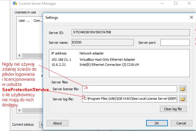 Nigdy nie używaj zdalnej ścieżki do plików logowania i licencjonowania w usłudze