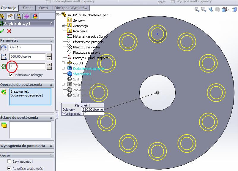 Skutki parametryzacji Jeśli zmienimy liczbę kołków w szyku (z 6 na 12) edytując Szyk kołowy1, rys. 28. Rysunek 28.