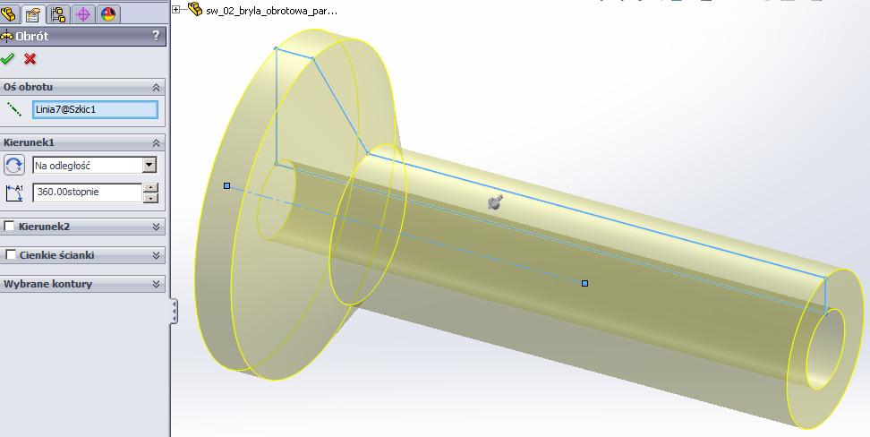 Przywróćmy poprzednią wartość (300mm) wymiarowi D1@Szkic1, zamknijmy szkic i dokończmy operację Dodanie/baza przez obrót, rys. 14. Rysunek 14.