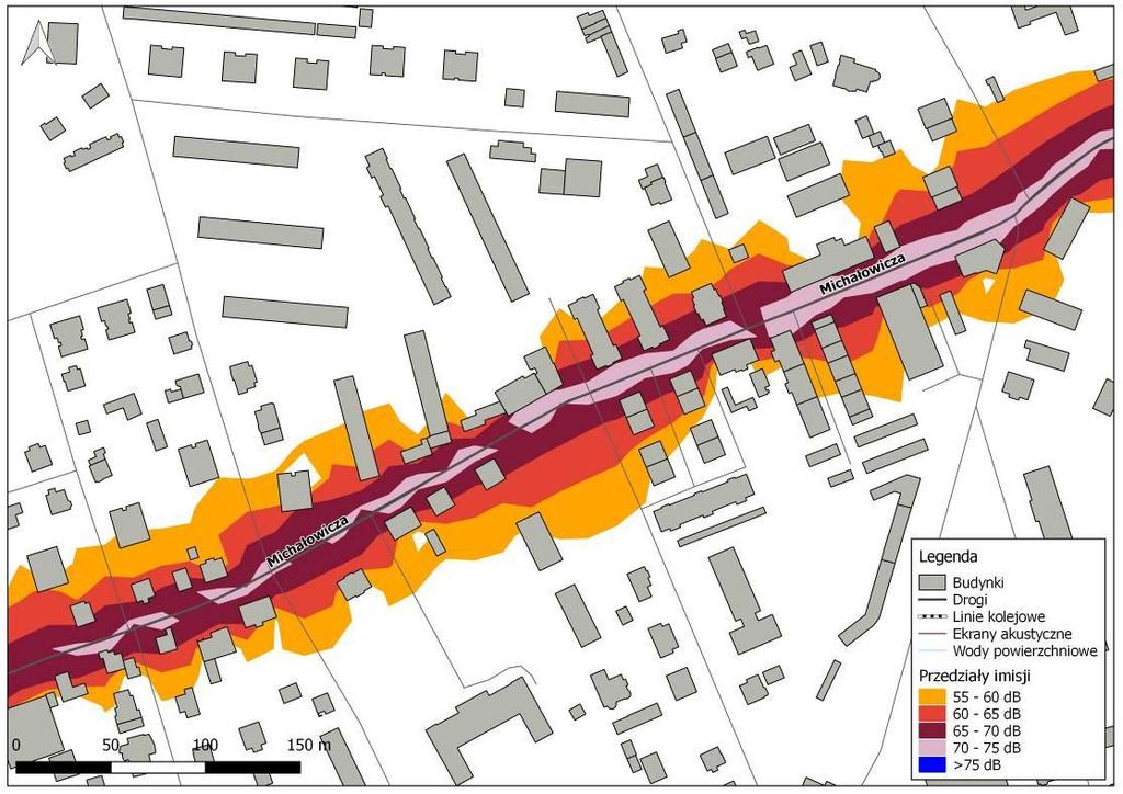 10. ZAŁĄCZNIKI GRAFICZNE Rys. 10.1. Mapa Imisji L DWN hałasu drogowego dla ul. Michałowicza na odcinku od ul. Andersa do ul.