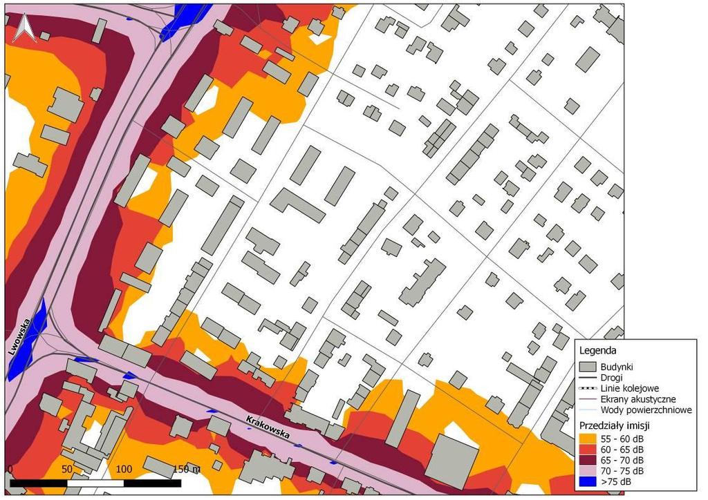 Rys. 10.13. Mapa Imisji L DWN hałasu drogowego dla skrzyżowania ulic Lwowskiej i Krakowskiej od ul. Piłsudskiego do ul.