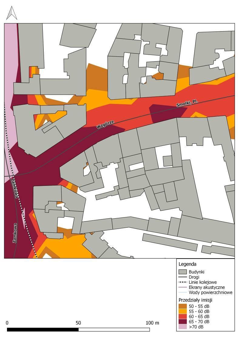 Rys. 10.19. Mapa Imisji L N hałasu drogowego dla ul. Wzgórze oraz Placu Franciszka Smolki na odcinku od ul. Zamkowej do ul.