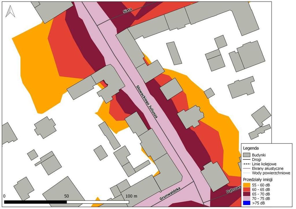 Rys. 10.25. Mapa Imisji L DWN hałasu drogowego dla ul. Juliusza Słowackiego na odcinku od ul. Sixta do ul.