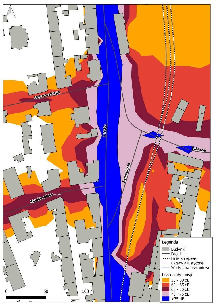 Rys. 10.29. Mapa Imisji L DWN hałasu drogowego dla ul. 3 Maja na odcinku od ul. Piastowskiej do ul.