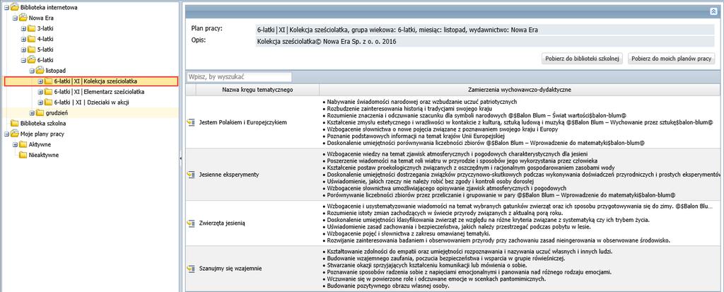 Wyświetli się lista kręgów tematycznych zdefiniowanych w tym planie pracy.