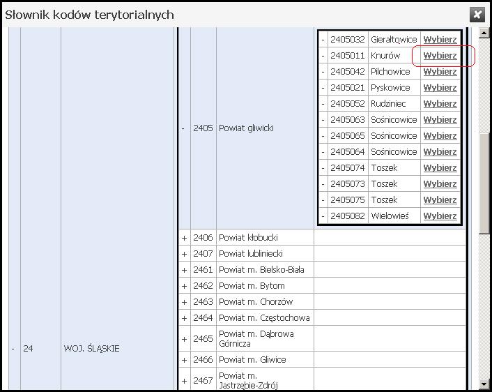 69 System Obsługi Potencjału Świadczeniodawcy Trzeci, ostatni poziom słownika kodów terytorialnych Rozwinięta tabela z kodami miejscowości powiatu gliwickiego Kliknięcie znaku "-" w rozwiniętej