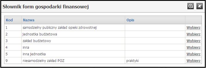 71 System Obsługi Potencjału Świadczeniodawcy Słownik form gospodarki finansowej 11.