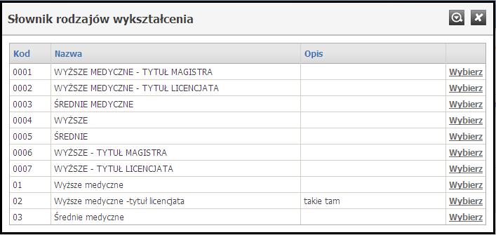 przyporządkowanymi im kodami. Słownik wyposażony jest w filtrowanie wyświetlanej zawartości.